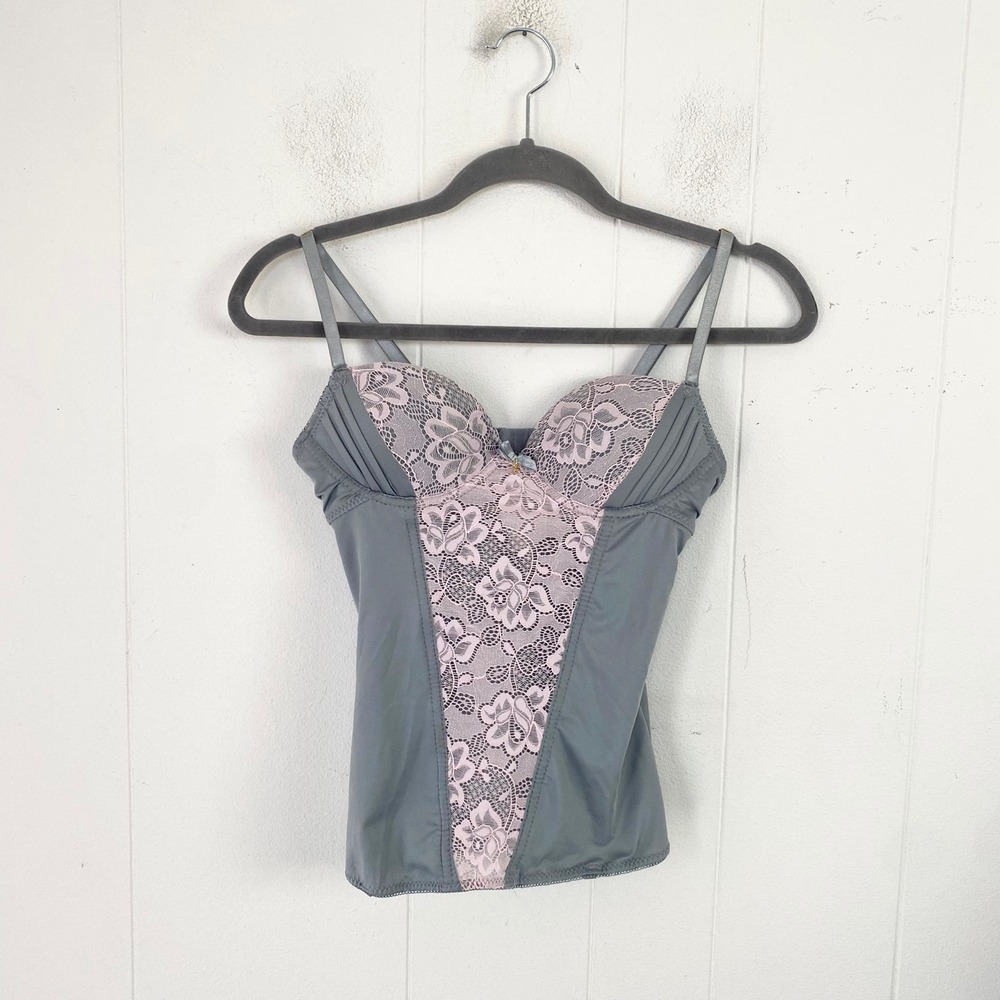 Daisy Fuentes Gray Pink Lace Padded Underwire Camisole Top Lingerie  Sz Small